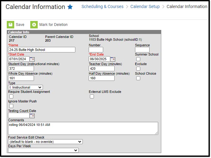 Screenshot of the Montana calendar information tool.