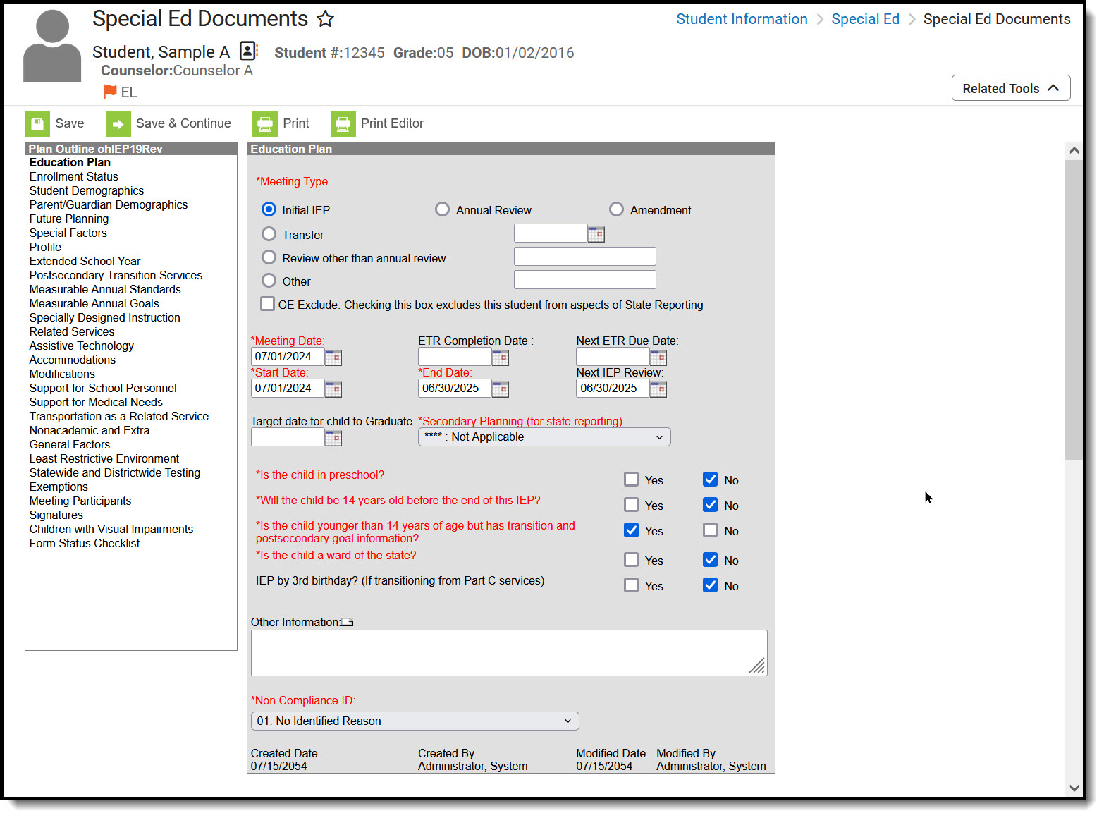 Screenshot of the education plan editor.