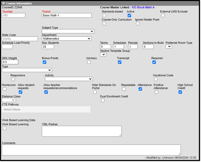 Screenshot of the course information section of the course information tool.