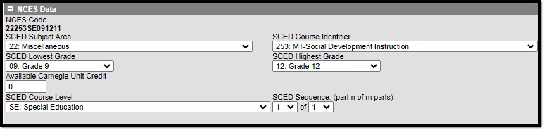 Screenshot of the NCES Data fields on the Course Information tool.