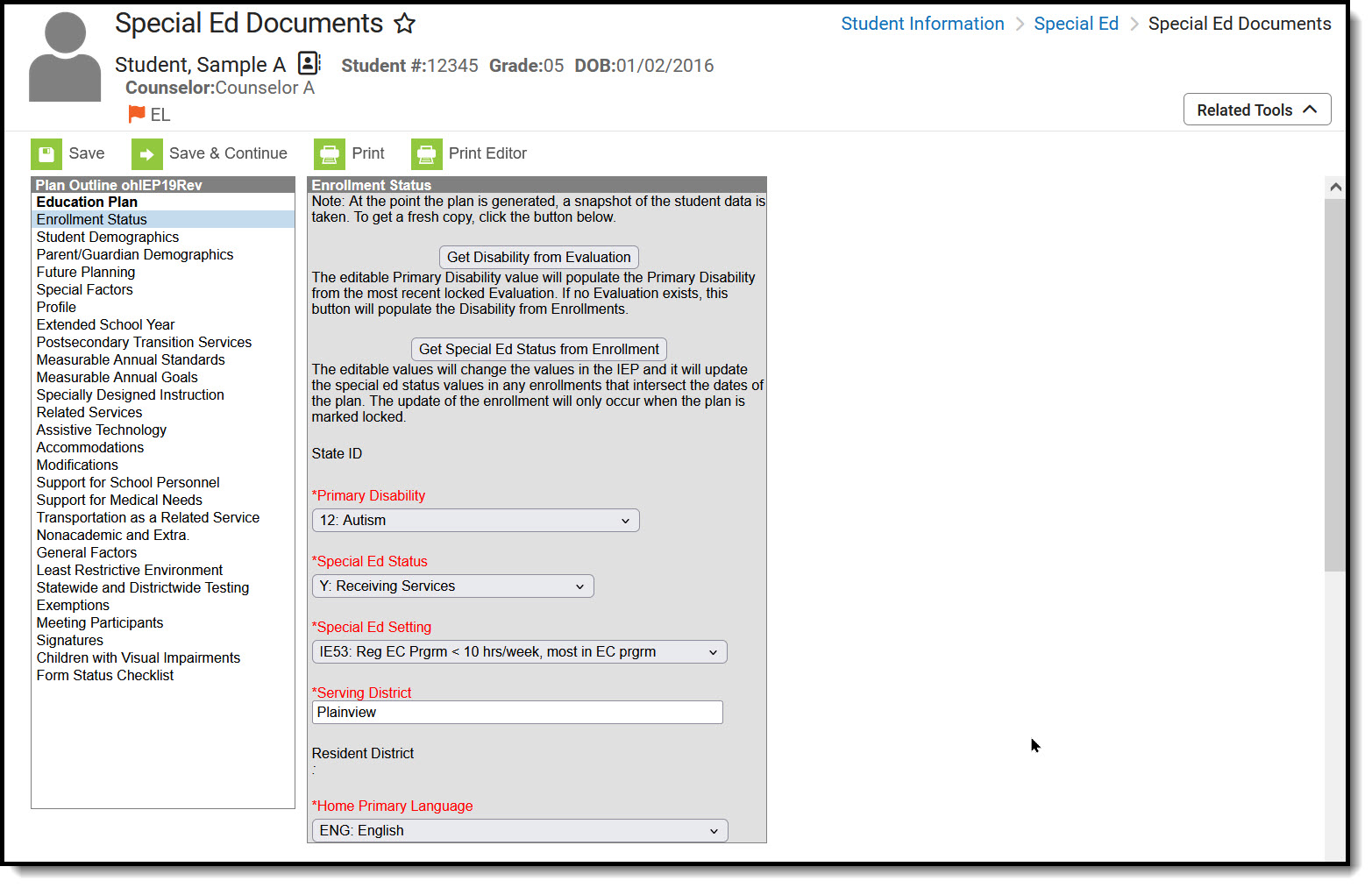 Screenshot of the enrollment status editor.