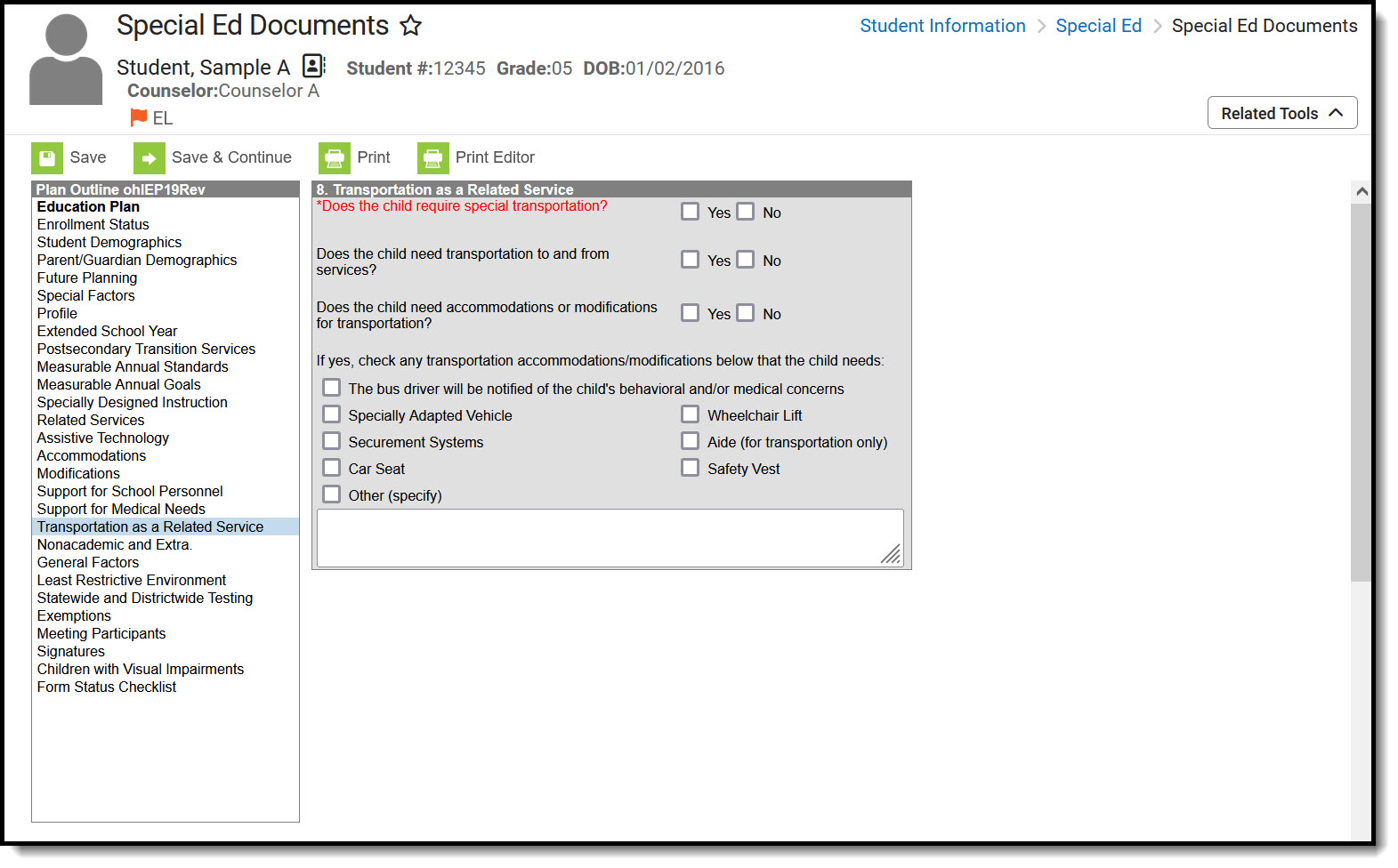 Screenshot of the Transportation as a related service editor.