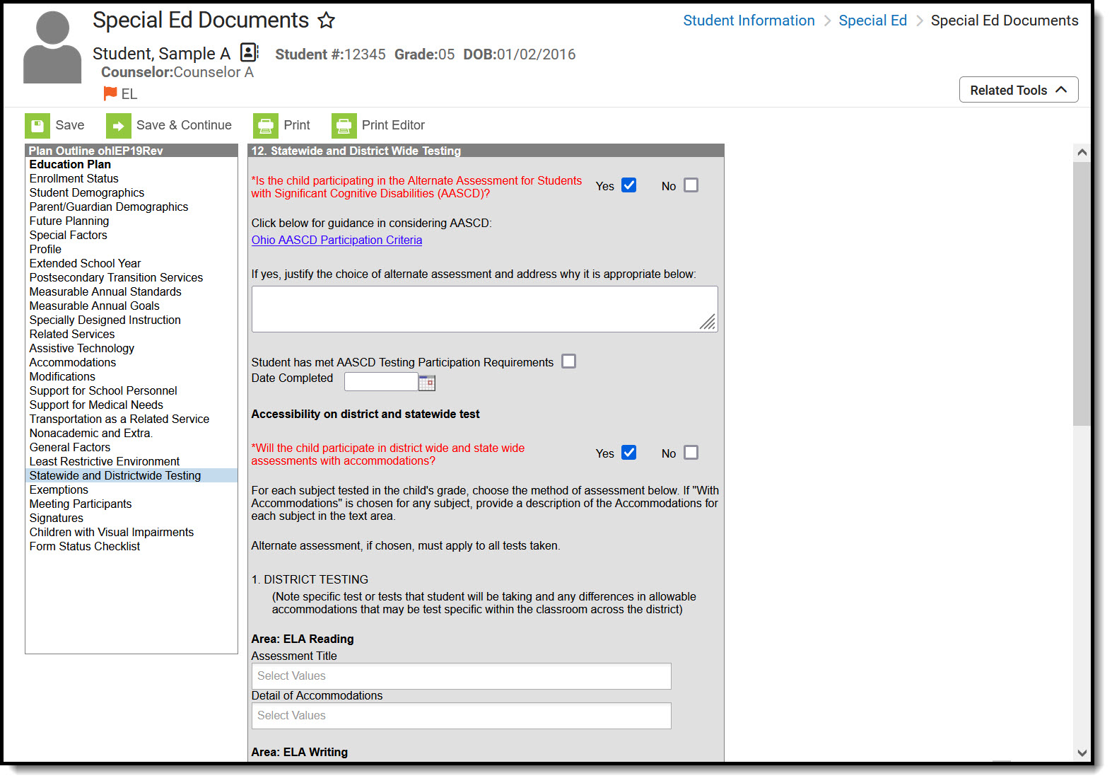 Screenshot of the statewide and districtwide testing editor.