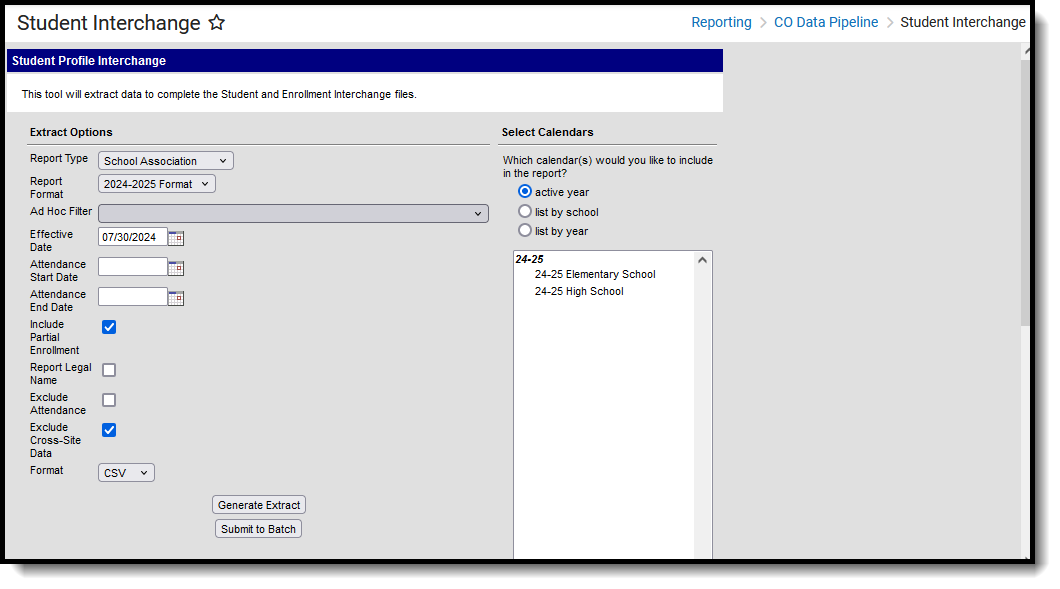 Screenshot of the School Association Extract, located at Reporting, CO Data Pipeline, Student Interchange