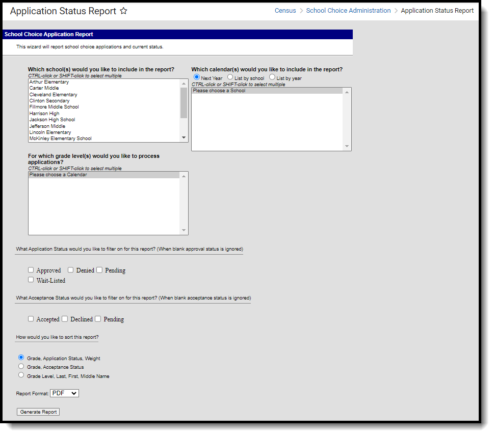 Screenshot of the Application Status Report, located at Census, Census School Choice Administration. 