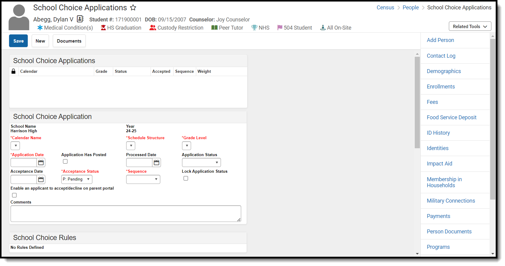 Screenshot of the School Choice Applications tool.