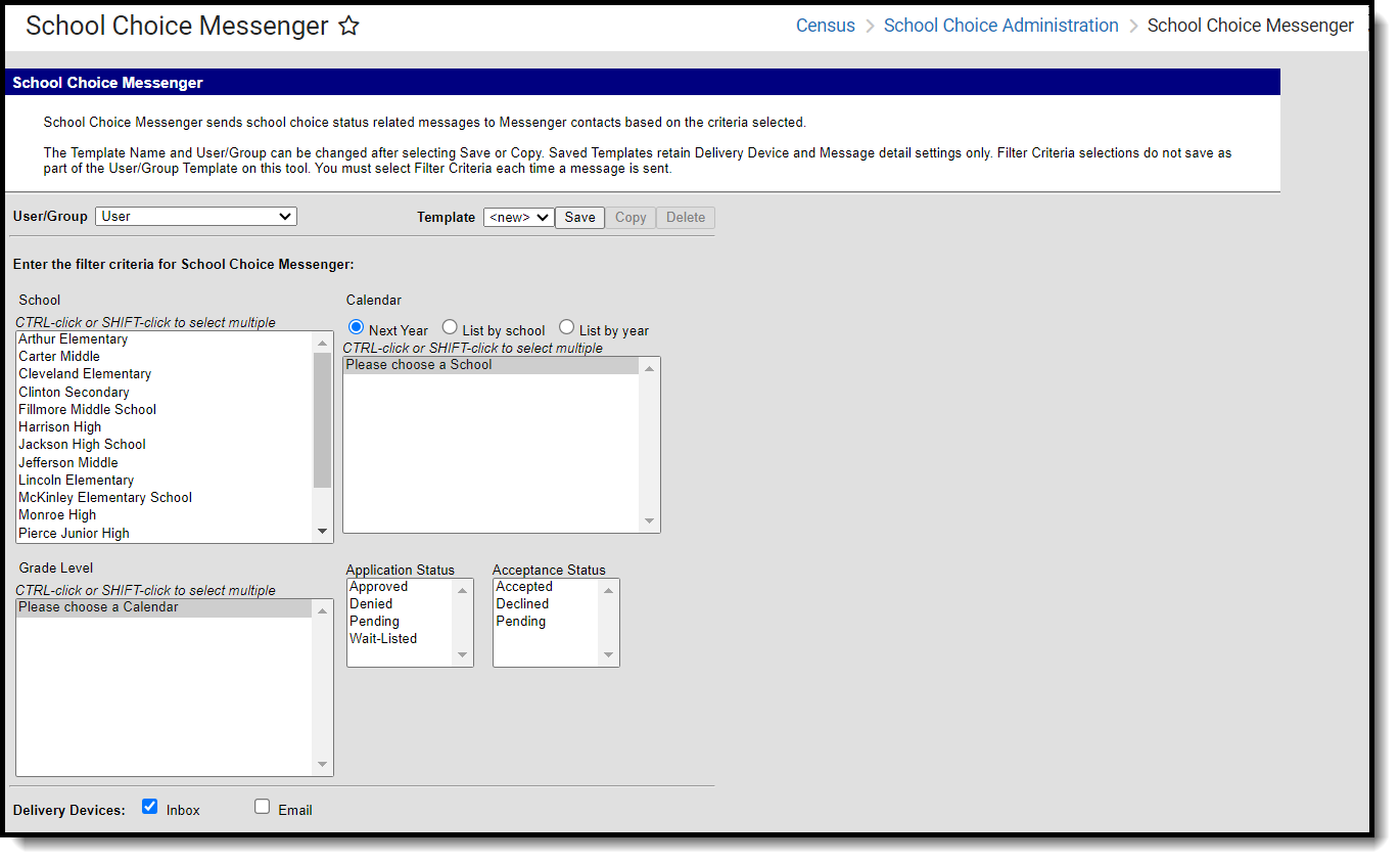 Screenshot of the School Choice Messenger tool.