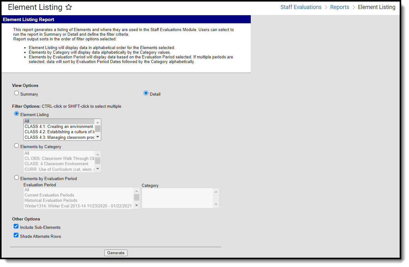 Screenshot of the Element Listing Report editor.