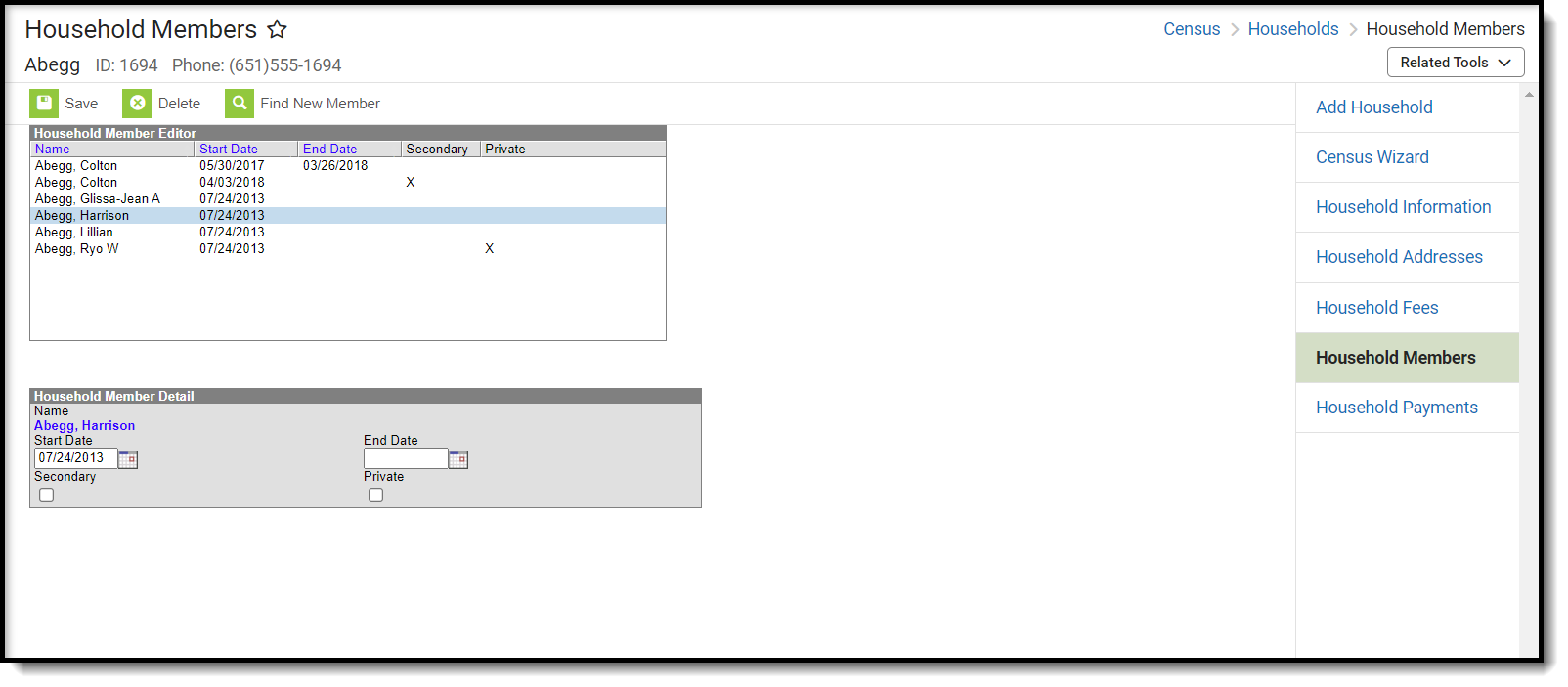 Screenshot of the Household Members tool.