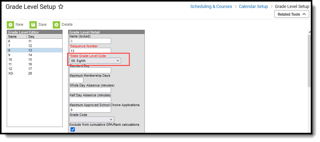 Screenshot of the Grade Level Setup tool, highlighting the State Grade Level Code. 