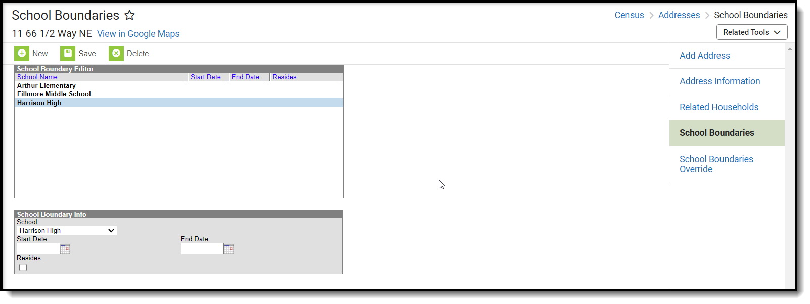 Screenshot of the School Boundaries tool.