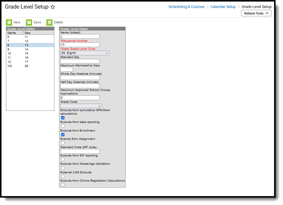 Screenshot of the Grade Level Setup editor, located at Scheduling & Courses, Calendar Setup