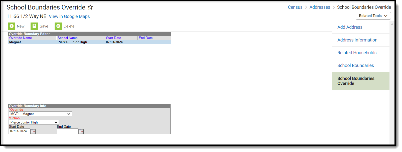 Screenshot of the School Boundaries Override tool.