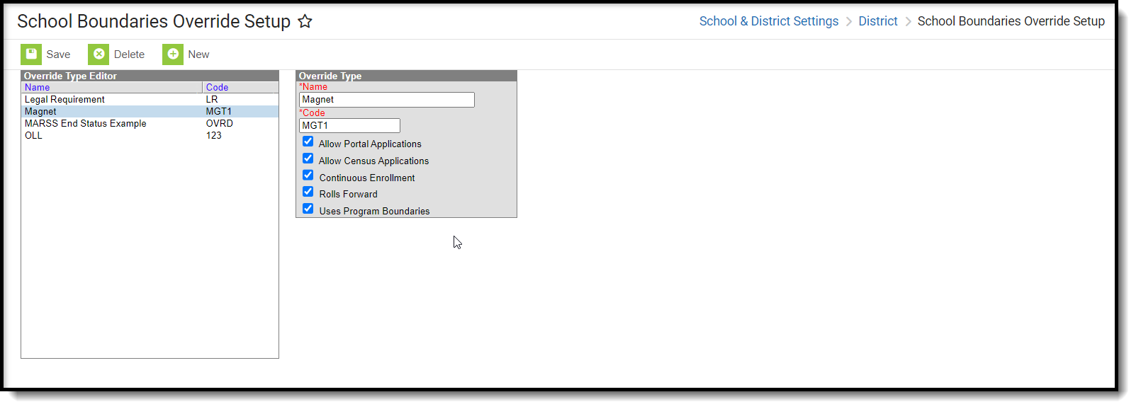 Screenshot of the School Boundaries Override Setup tool.