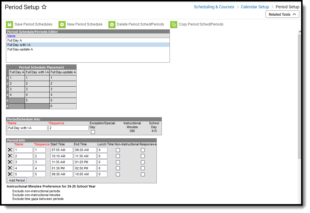 Screenshot of the Period Setup tool, located at Scheduling & Courses, Calendar Setup. 