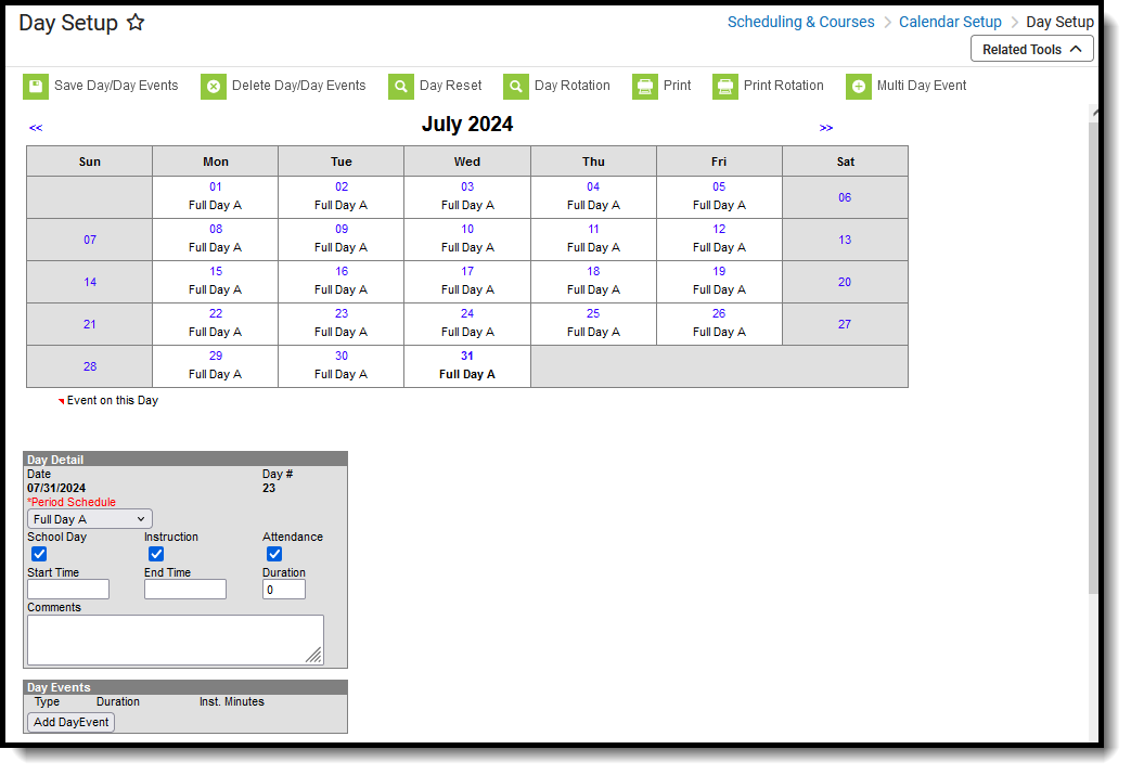 Screenshot of the Day Setup tool, located at Scheduiing & Courses, Calendar Setup