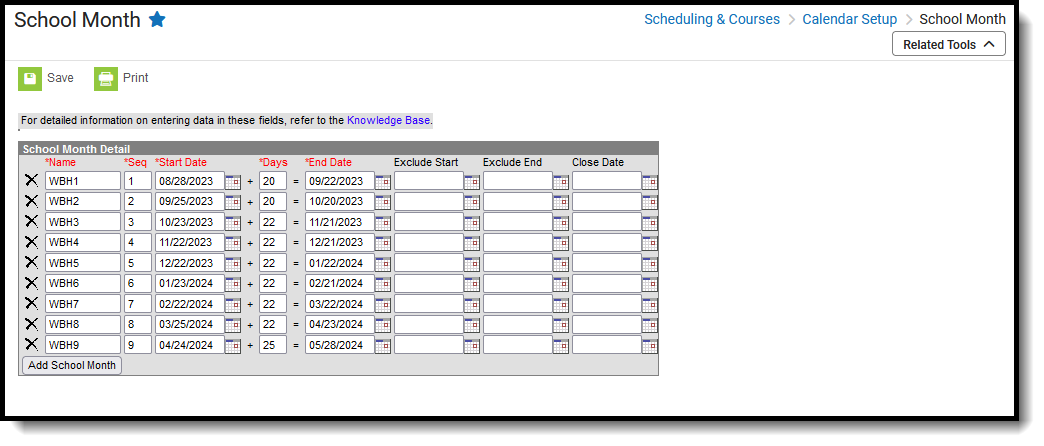 Screenshot of the School Months editor, located at Scheduling & Courses, Calendar Setup. 