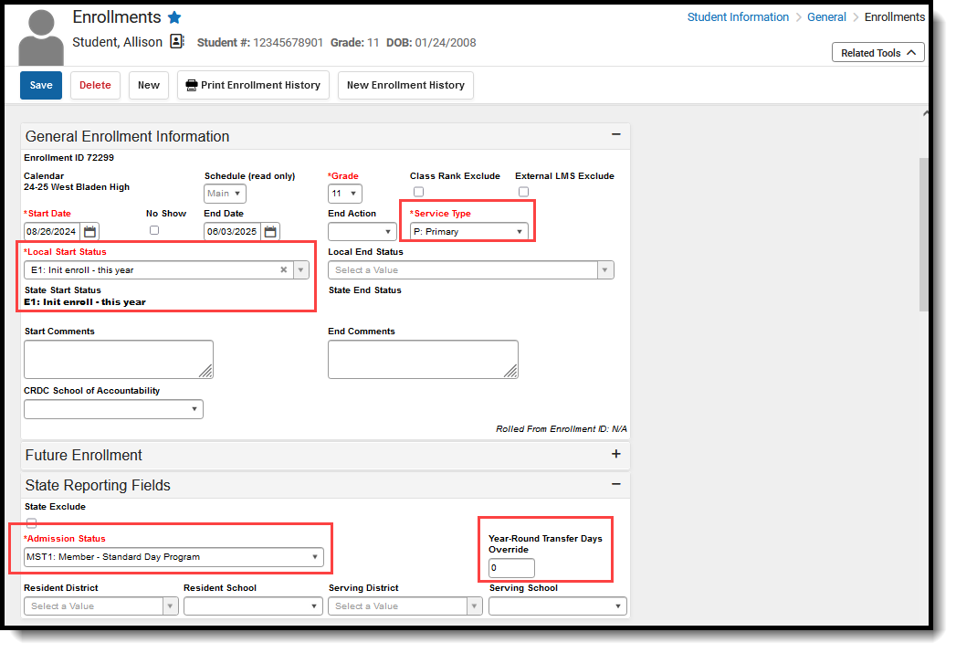 Screenshot of the enrollment record with the required fields highlighted. 