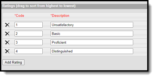 Screenshot showing an example of Codes and Descriptions.