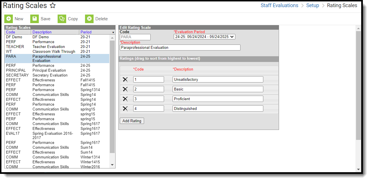 Screenshot of the Edit Rating Scale window after clicking an existing rating scale.