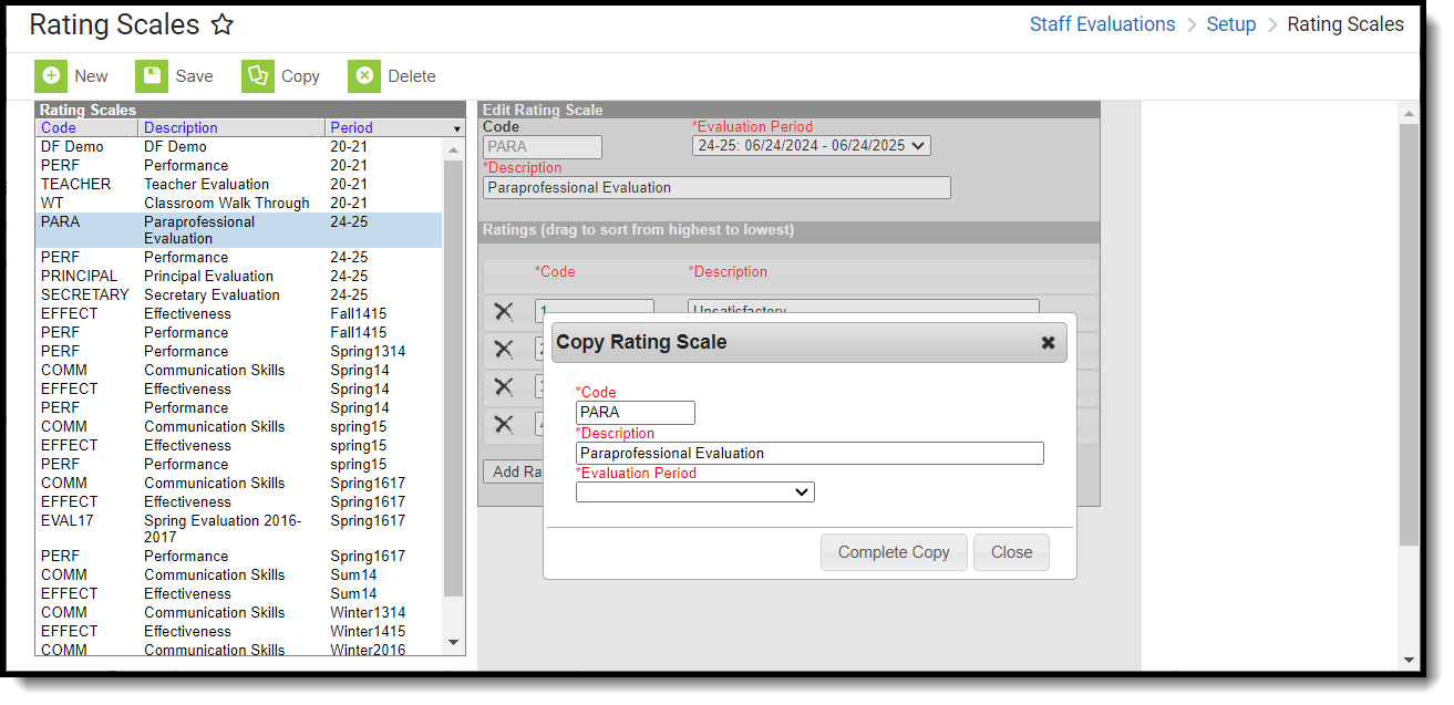 Screenshot of the Copy Rating Scale window after clicking the Copy button.