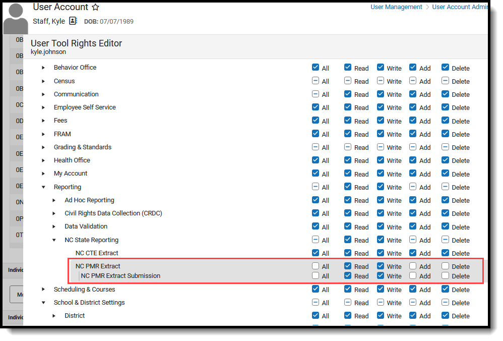 Screenshot of the NC PMR Extract tool rights. 