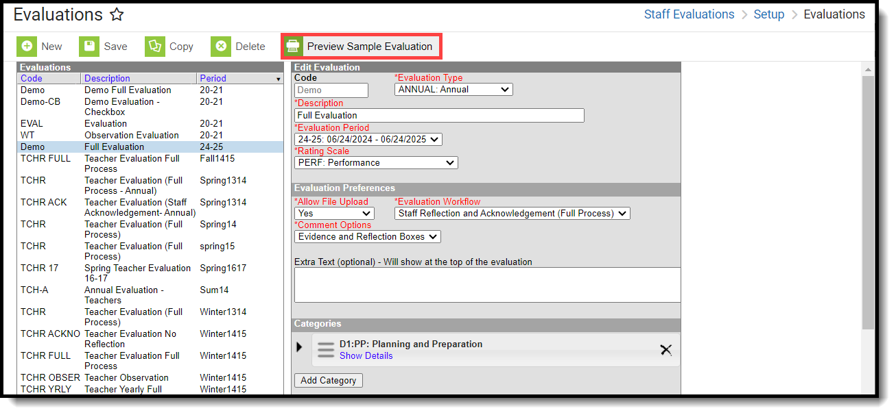 Screenshot of the Evaluations tab. The Preview Sample Evaluation button is highlighted.