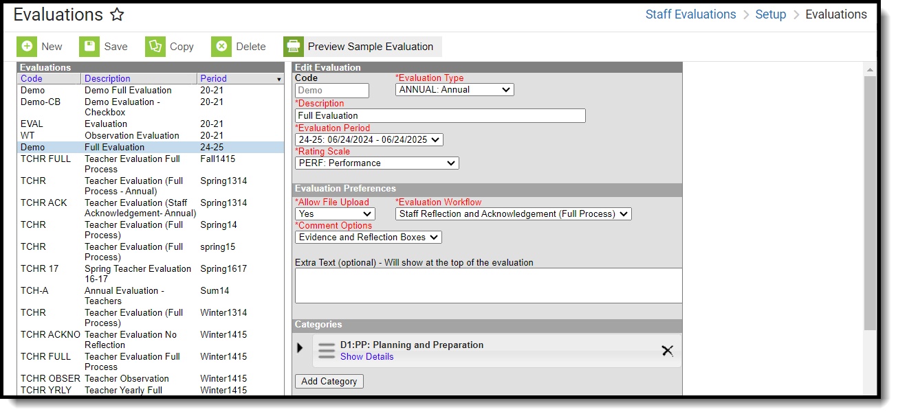 Screenshot of the Evaluations tab where a template is selected and the editor appears on the right side.