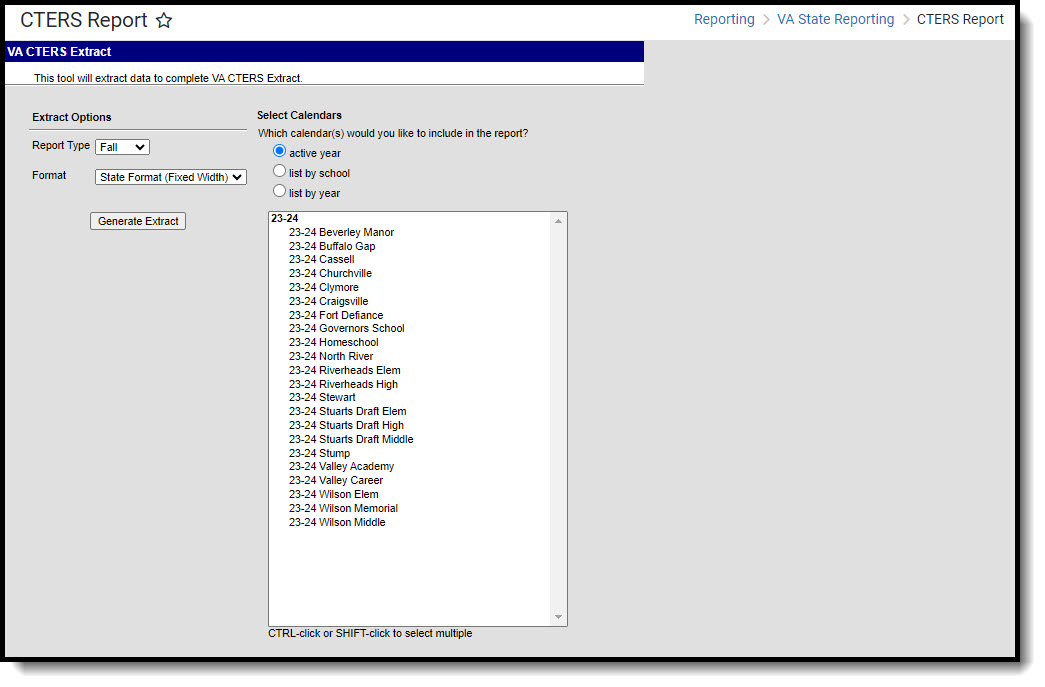 Screenshot of the CTERS report extract editor.