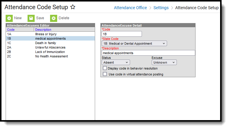 Screenshot of sample attendance codes, located at Attendance Office, Settings. 