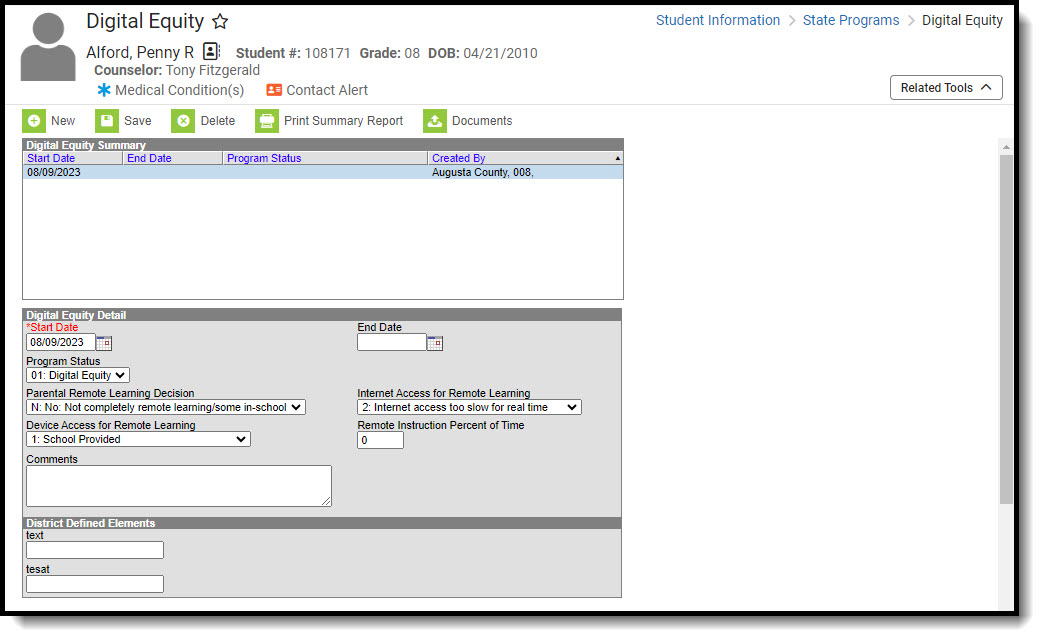 Screenshot of the Digital Equity tool.