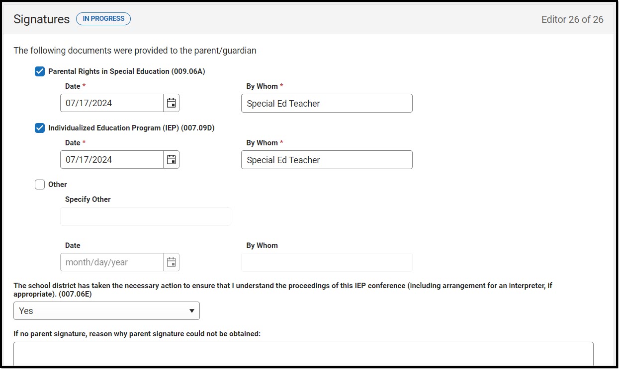 Screenshot of the Signatures Editor on the Nebraska IEP.