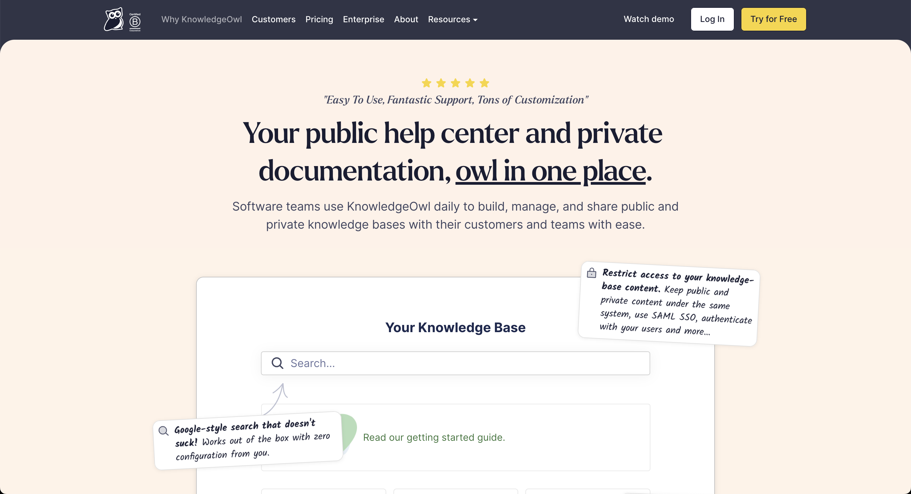 A screenshot of KnowledgeOwl's homepage from August 2024.