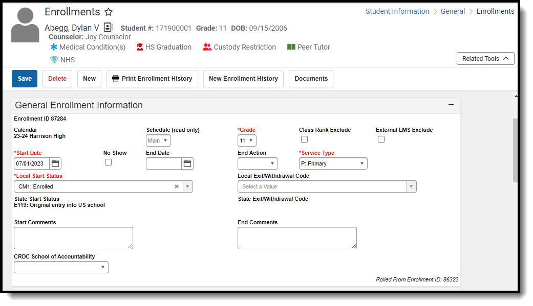 Screenshot of the General Enrollment Information fields.