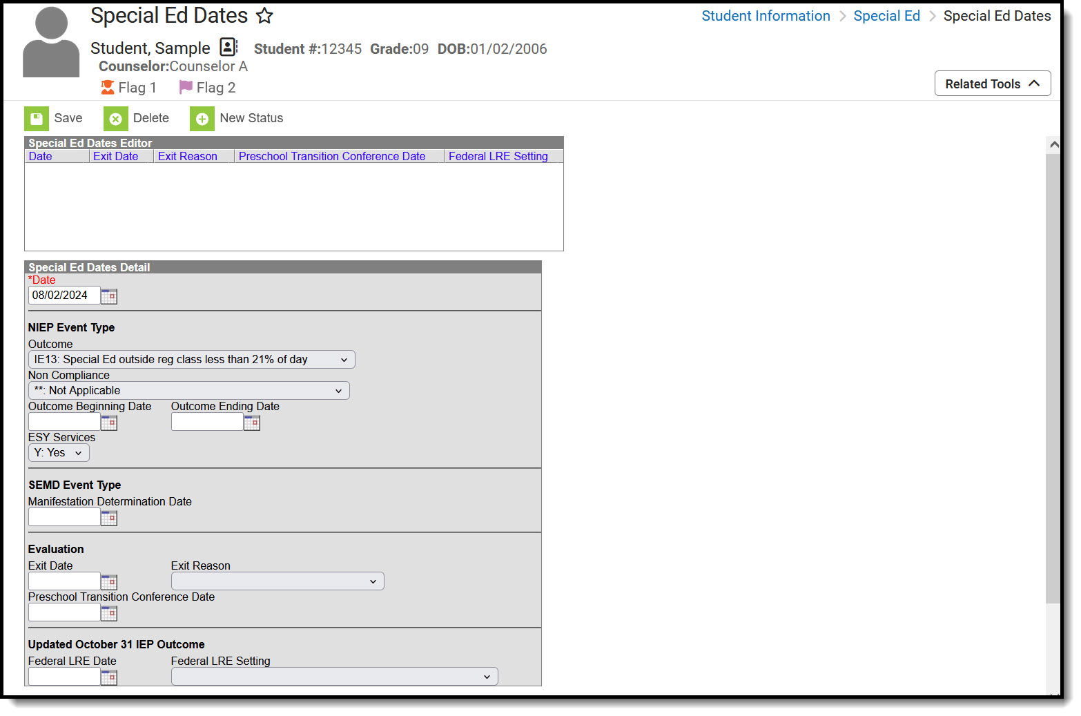 Screenshot of the Special Ed Dates tool. 