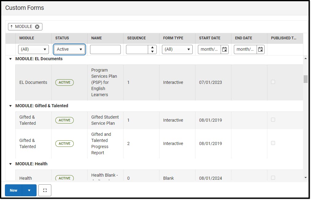 Screenshot of Custom Forms list screen with Counseling Module entries expanded