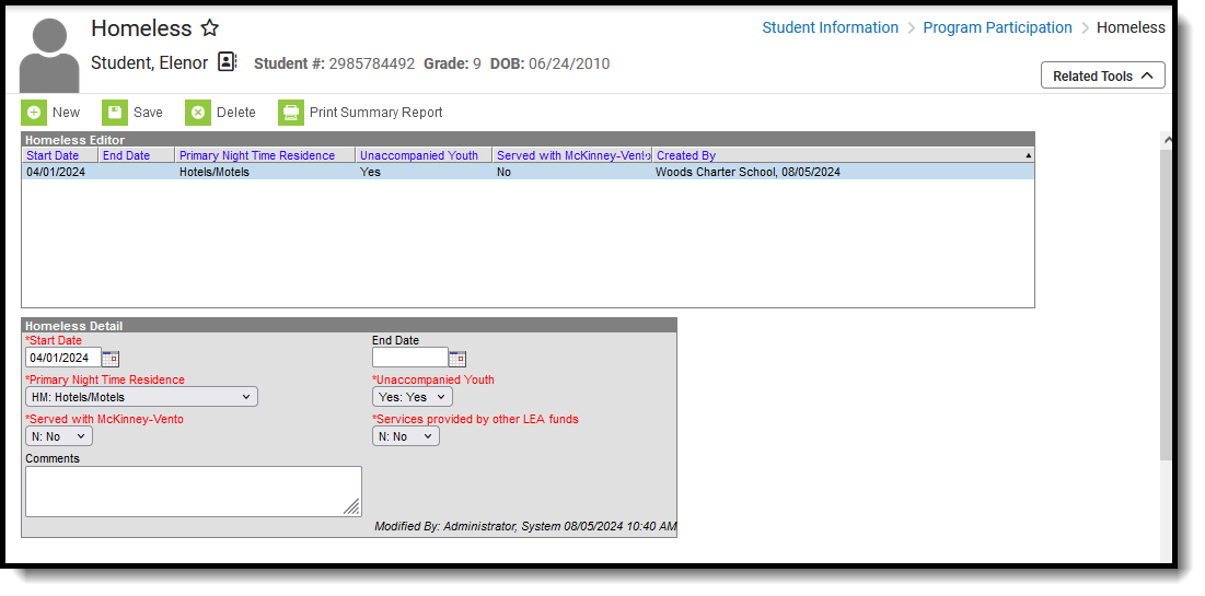 Screenshot of the student's Homeless tool, located at Student Information, Program Participation. 