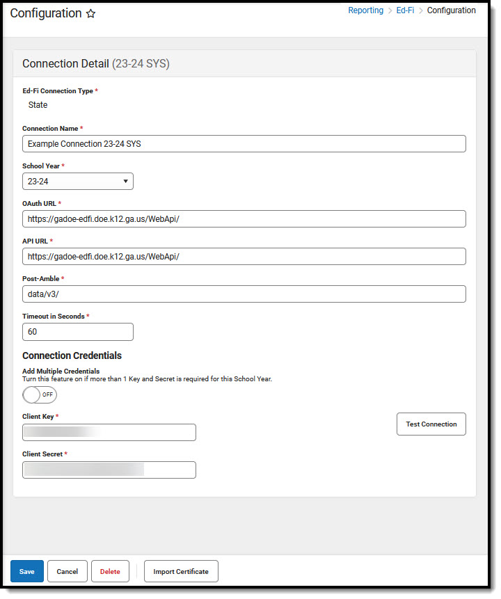 Screenshot of the Georgia Ed-Fi Configuration Connection Detail Editor