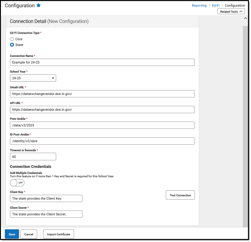 Image of the Connection Detail editor under Ed-Fi Configuration.