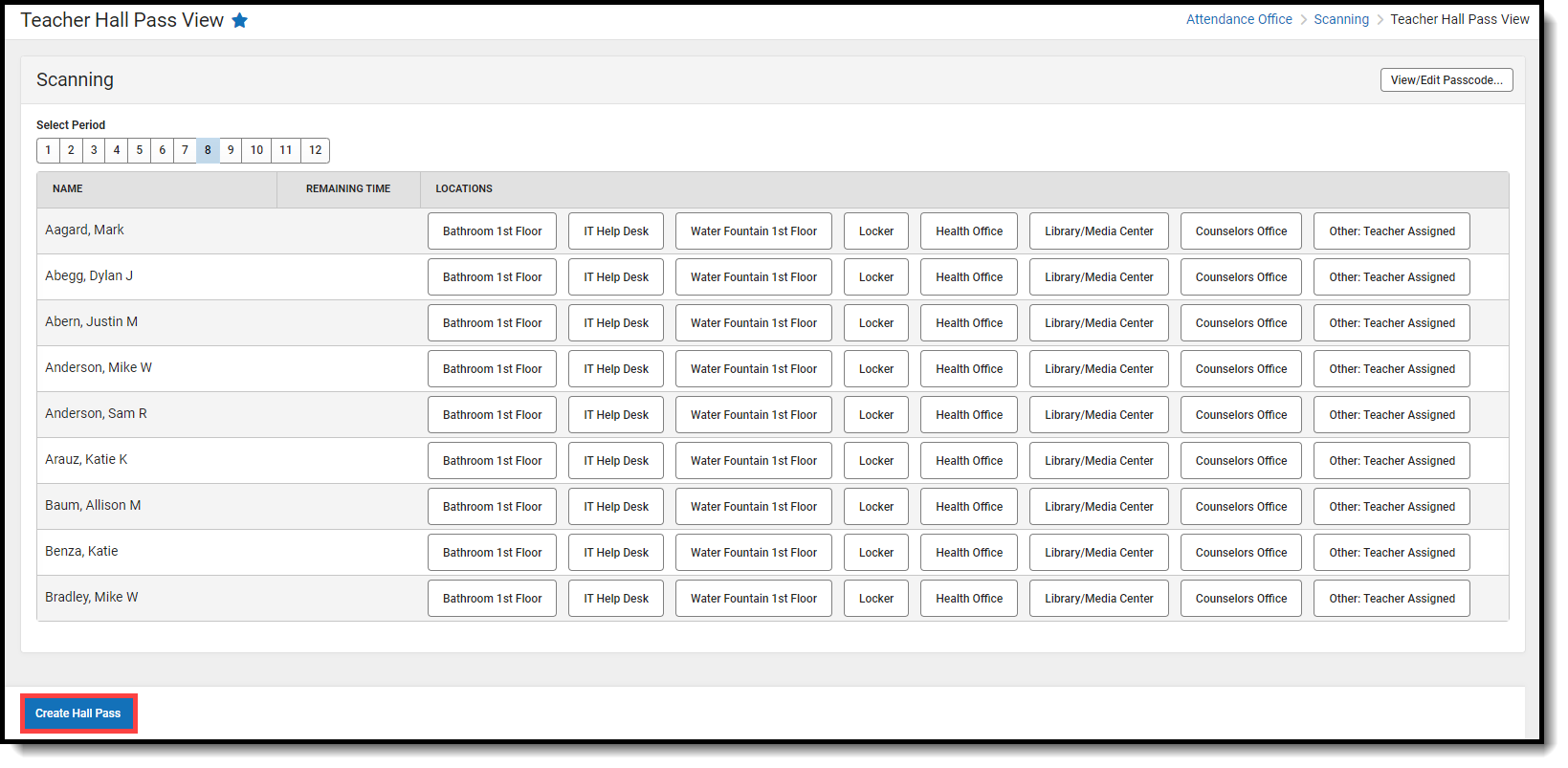 Screenshot of Create hall pass button used for creating hall passes for non rostered students