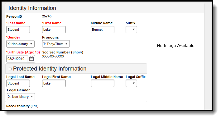 Screenshot of the Gender and Legal Gender fields for California. 