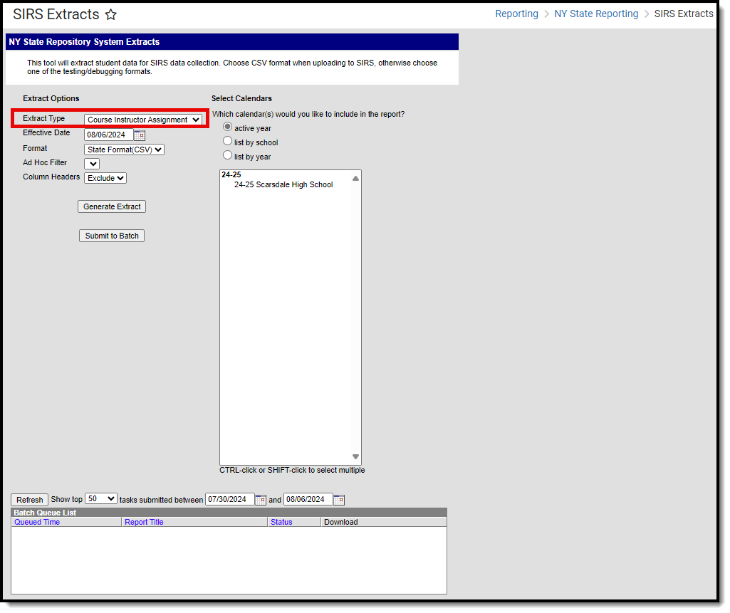 Screenshot of the SIRS course instructor assignment extract editor.