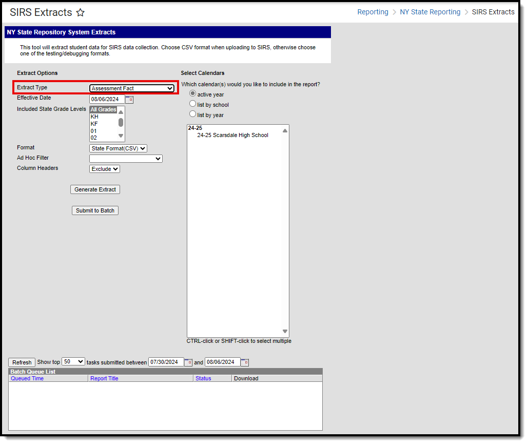 Screenshot of the SIRS Assessment Fact extract editor.