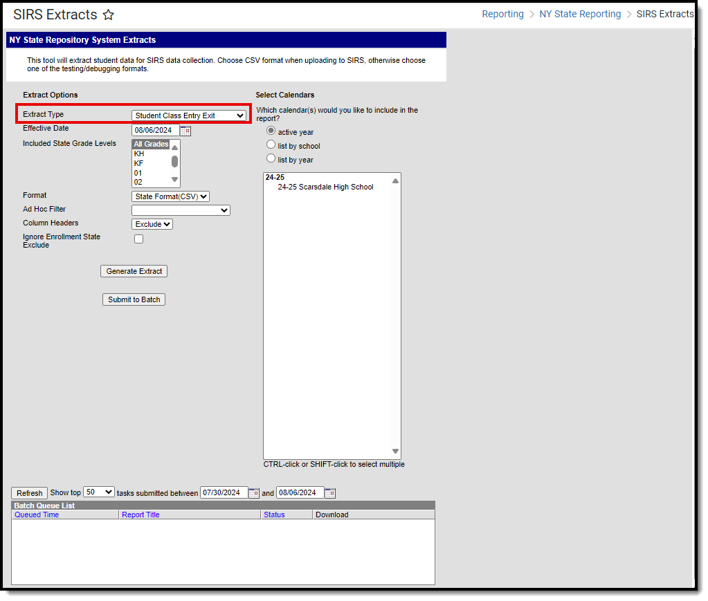 Screenshot of the Student Class Entry Exit Extract Editor.