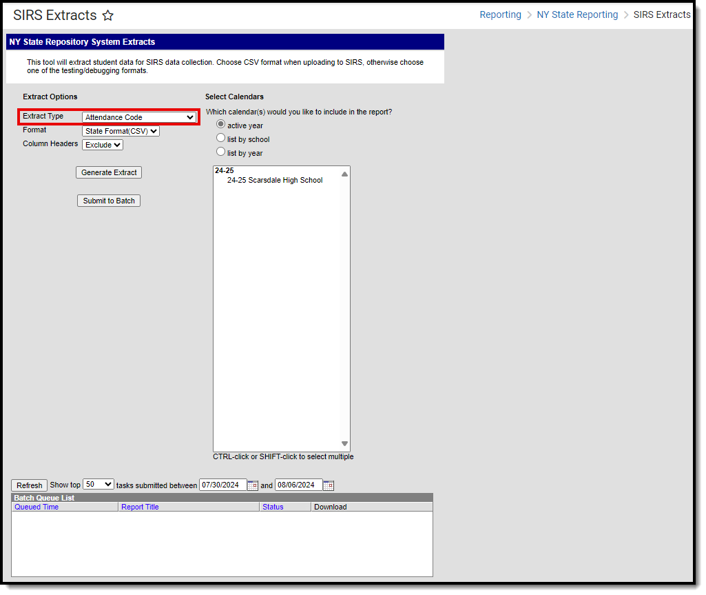 Screenshot of the SIRS attendance code extract editor.