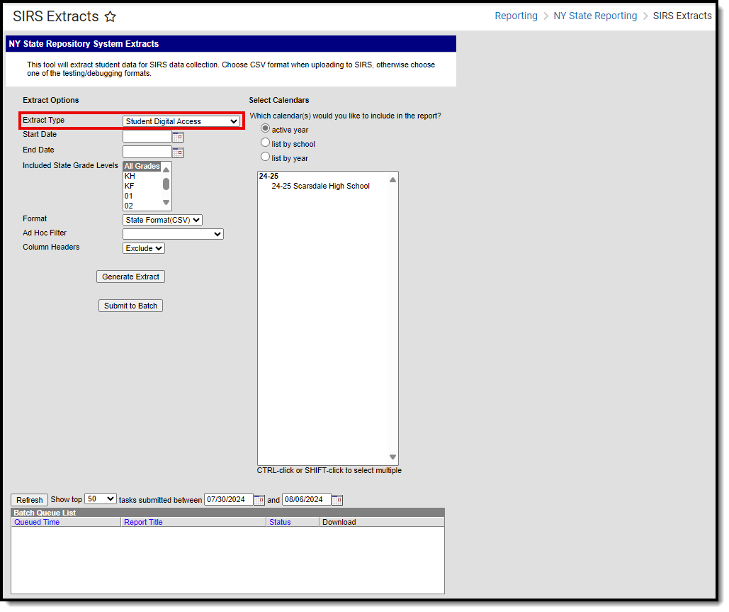 Screenshot of the SIRS student digital access extract editor.