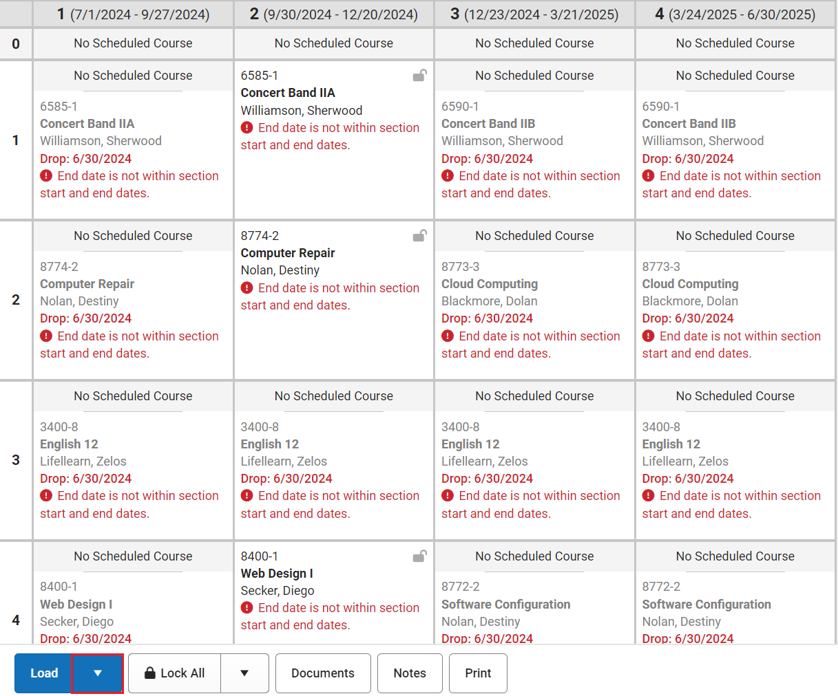 Student schedule before restore