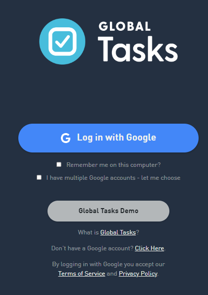 Global Tasks log in page