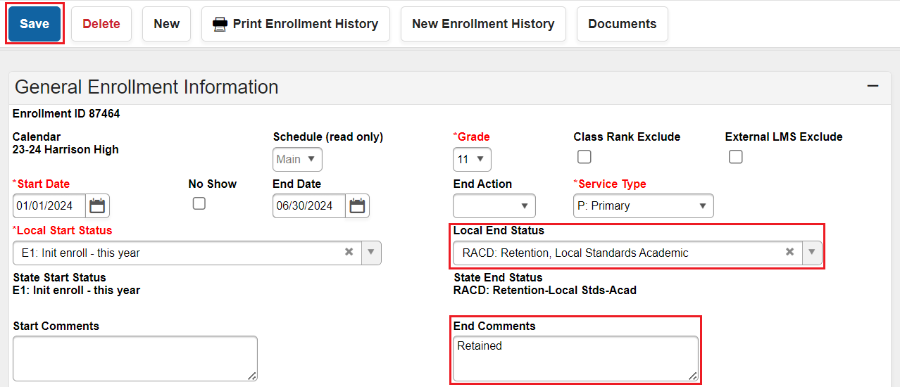 update previous enrollment for retention