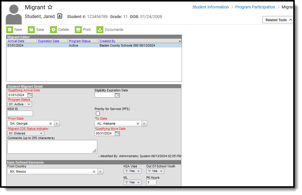 Screenshot of the student's Migrant record, located at Student Information, Program Participation. 